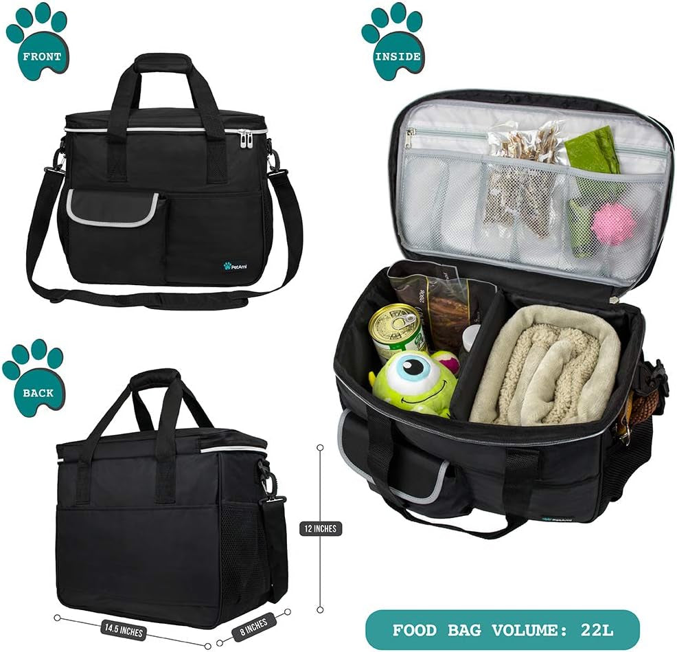 Ultimate Dog Travel Bag Organizer - Stylish Black Tote with Food Containers & Collapsible Bowls