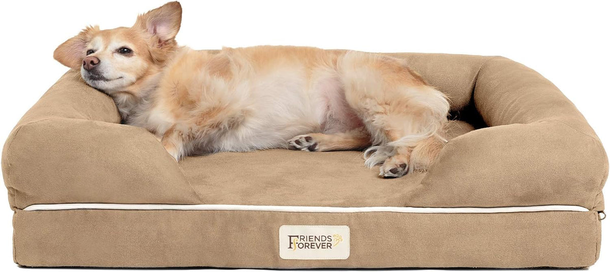 Luxurious Small Dog Bed with Orthopedic Memory Foam - Calming Couch with Water-Resistant Liner, Washable Cover, and Non-Slip Bottom in Chester Khaki Beige