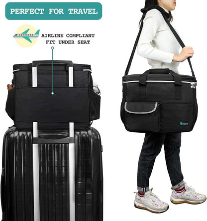 Ultimate Dog Travel Bag Organizer - Stylish Black Tote with Food Containers & Collapsible Bowls