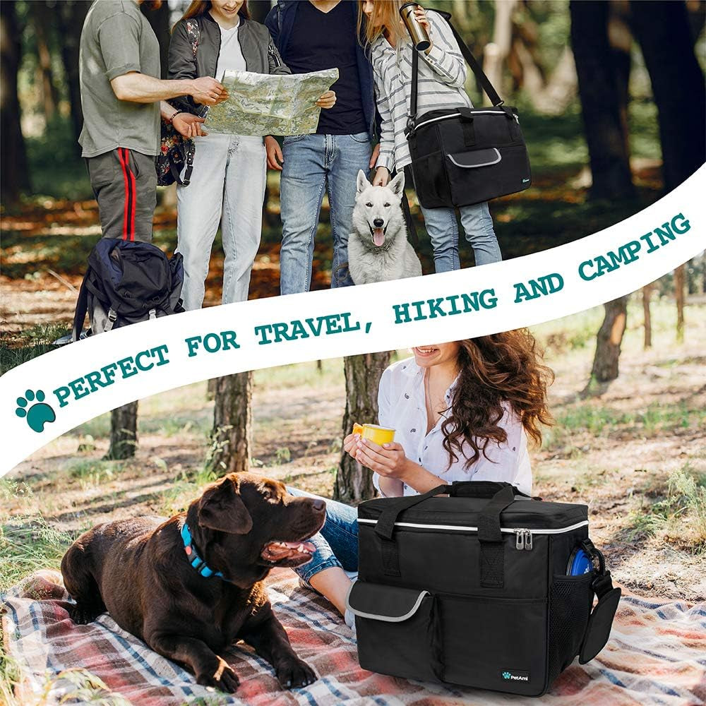 Ultimate Dog Travel Bag Organizer - Stylish Black Tote with Food Containers & Collapsible Bowls