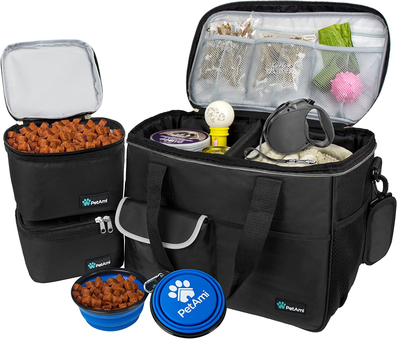 Ultimate Dog Travel Bag Organizer - Stylish Black Tote with Food Containers & Collapsible Bowls