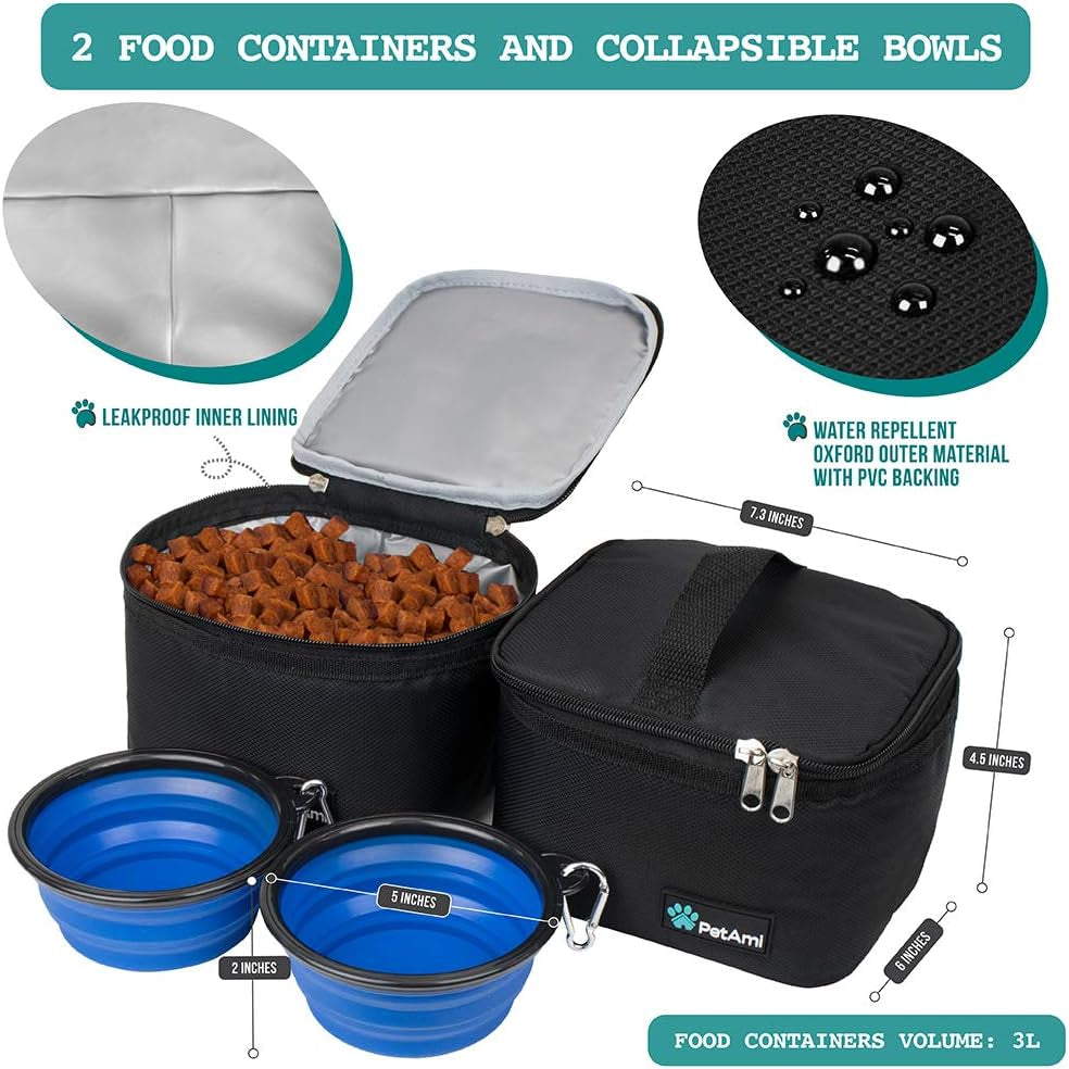 Ultimate Dog Travel Bag Organizer - Stylish Black Tote with Food Containers & Collapsible Bowls