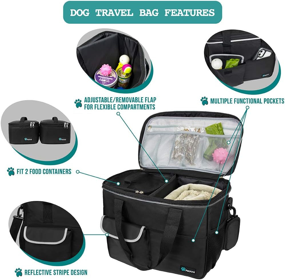 Ultimate Dog Travel Bag Organizer - Stylish Black Tote with Food Containers & Collapsible Bowls